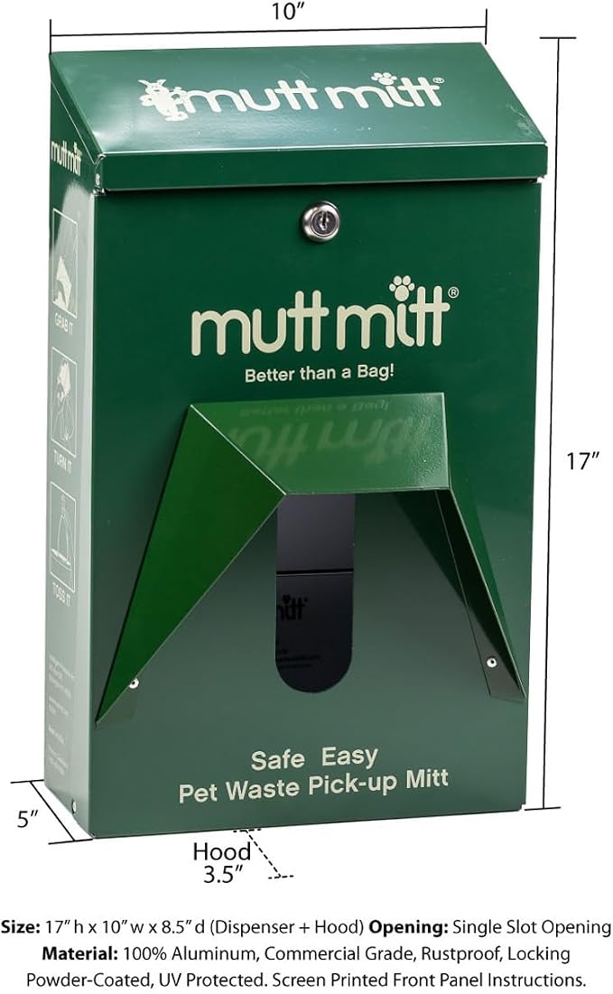 Mutt Mitt® Aluminum Mini Dog Waste Station - Gloss Green | Singles | Full-height aluminum station with sign, 400 header bags, locking dispenser, & post | install beside existing trash cans