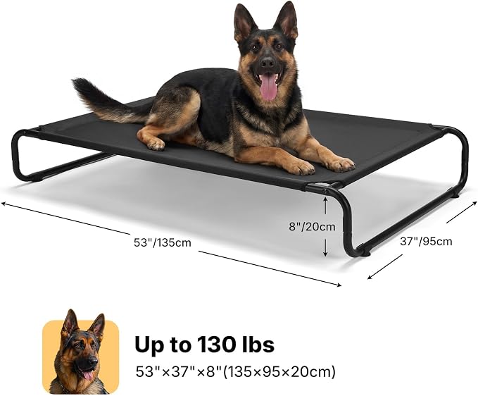 Veehoo Cooling Elevated Dog Bed, Outdoor Raised Dog Bed for Large Dogs | Dog Cot with Thickened Frame, Durable Teslin Mesh & Anti-Slip Rubber Feet, Pet Hammock for Indoor or Camping, 53", Black