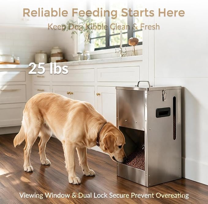 Automatic Dog Feeder Large Breed Kennel, Gravity Dog Feeder 25 Lbs | Dual Lock Secure Prevent Overeating, Viewing Window & Side Handles Ease to Refill Move, Suit Medium & Large Dogs, Farm