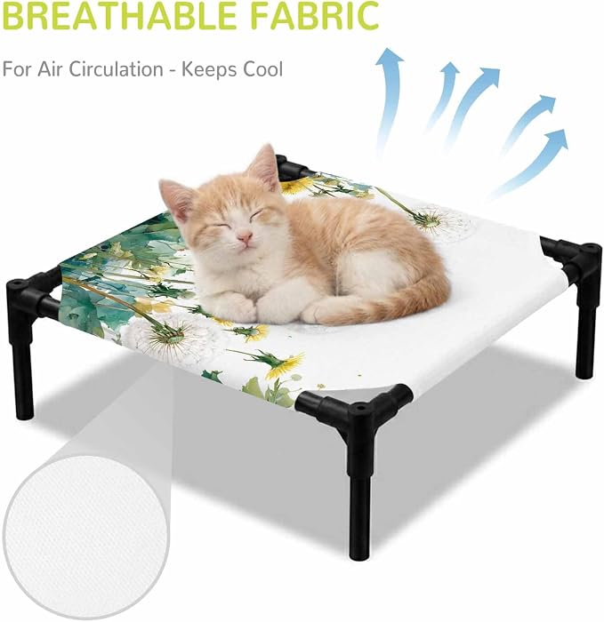 Outdoor Elevated Dog Bed for Small Dogs, Hanging Dandelions Breathable Cooling Raised Dog Cot for Indoor/Outdoor, Green Leaves Botanical Flower Minimalist Waterproof Elevated Pet Beds, S 20 x 20 in