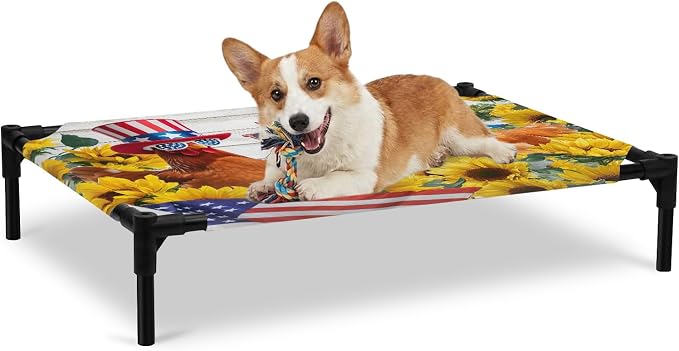 Outdoor Elevated Dog Bed for Large Dogs, Sunflower Independence Day Breathable Cooling Raised Dog Cot for Indoor/Outdoor, 4th of July Rooster Wooden Waterproof Elevated Pet Beds, L 28 x 22 in