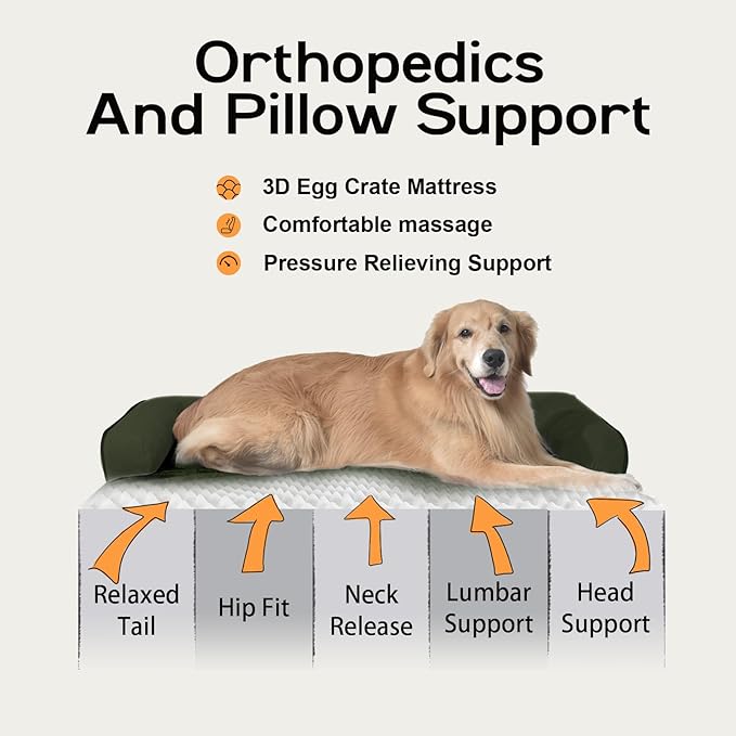 Orthopedic Waterproof Dog Bed with Bolster for Extra Large Size Dogs | Pillow Support for Neck Relief, Egg Crate Foam, Waterproof Liner, Anti-Slip Bottom, Removable Bolster Cover, 48 x 33 Inch