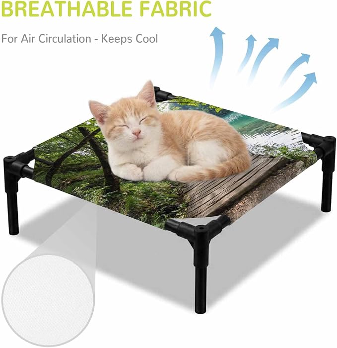 Outdoor Elevated Dog Bed for Small Dogs, Nature Scenery Breathable Cooling Raised Dog Cot for Indoor/Outdoor, Forest Walkway Lake Trees Spring View Waterproof Elevated Pet Beds, S 20 x 20 in