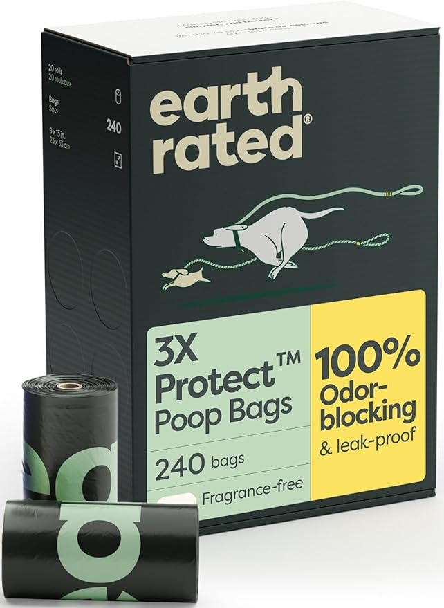 Earth Rated 3X Protect Dog Poop Bag Rolls, Odor Blocking Leak Proof Extra Thick, Unscented, 240 Count