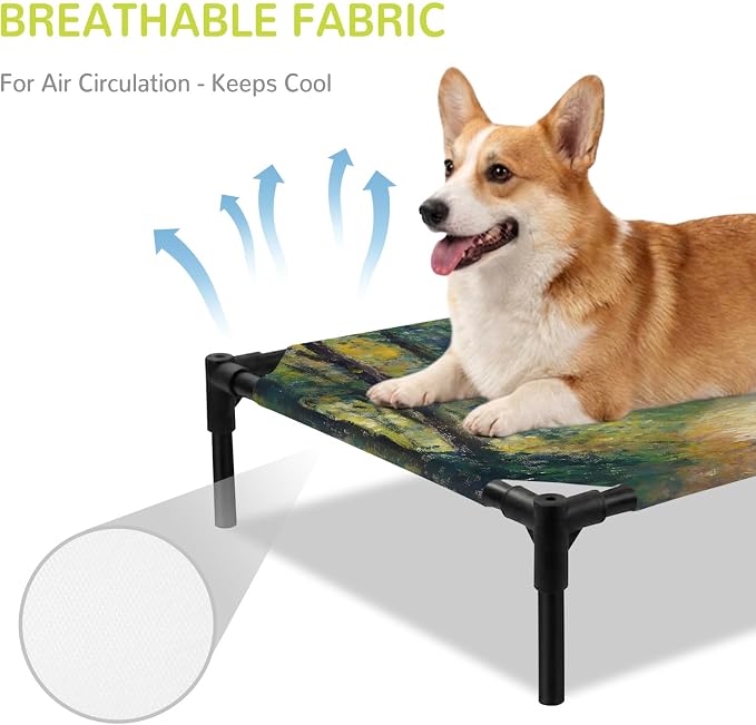 Outdoor Elevated Dog Bed for Medium Dogs, Country Forest Breathable Cooling Raised Dog Cot for Indoor/Outdoor, Farmhouse Trees Plants Nature Scenery Waterproof Elevated Pet Beds, M 24 x 20 in