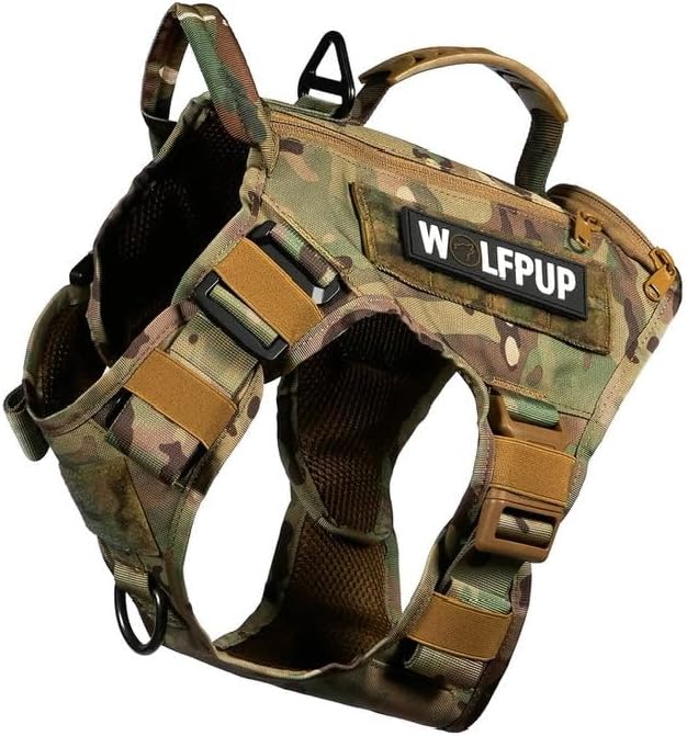 WOLFpak Tactical Dog Vest Harness No Pull Breathable MOLLE(Camo, X-Large) | Dual Grab Handles, 1000D Nylon, Four-Point Adjustment, MOLLE Attachment Panels, Three Storage Pockets, Metal Alloy Buckles