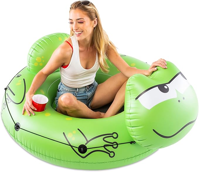 BigMouth Inc Large Frog River Tube with Mesh Seat, Heavy Duty Vinyl Raft for Waterway Drifting, Built-in Cup Holder and Grab Rope, Comfortable Floating Ride for Lakes, Streams, Adults and Kids