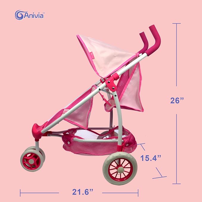 ANIVIA Twin Doll Stroller Heart Design, 1:1 Foldable Double Doll Pram, Suitable for Ages 3+, Dolls Up to 36cm, Pink, DA601T Black