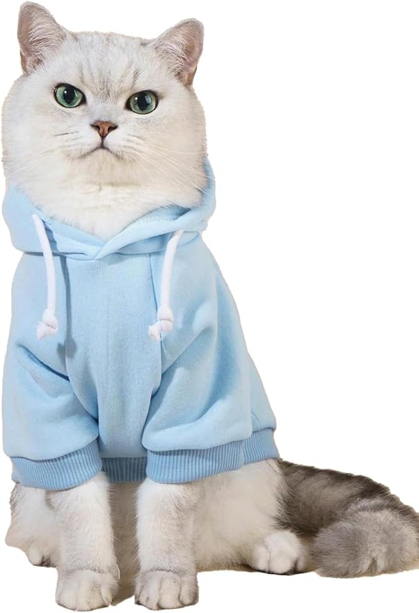 QWINEE Basic Dog Hoodie Sweatshirt Puppy Sweater Warm Cat Costumes Pet Clothes for Chihuahua Puppy Kitten Small Medium Dogs Light Blue Large
