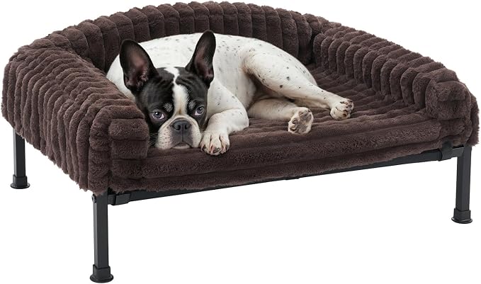 Veehoo Elevated Dog Bed with Bolster Cushion, Fluffy Plush Dog Couch Beds for Small Dogs, Cats, Washable Raised Pet Cot with Non-Slip Feet for Indoor or Patios Use, 24 x 18 Inches, Brown