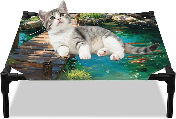 Outdoor Elevated Dog Bed for Small Dogs, Wooden Bridge Pond Breathable Cooling Raised Dog Cot for Indoor/Outdoor, Spring Floral Fish Waterproof Elevated Pet Beds, S 20 x 20 in