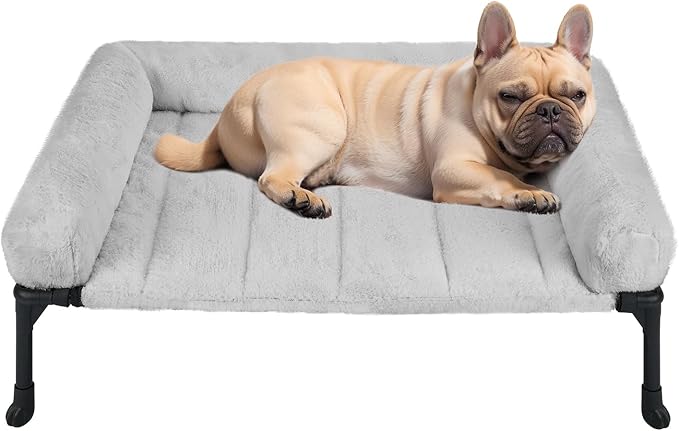 Veehoo Elevated Dog Beds Medium Sized Dog with Fluffy Plush Bolster Cushion | Orthopedic Raised Dog Beds for Indoor Outdoor, Soft Pet Sofa Cot with Removable Washable Mat, No-Slip Feet, 32" x 25", Grey