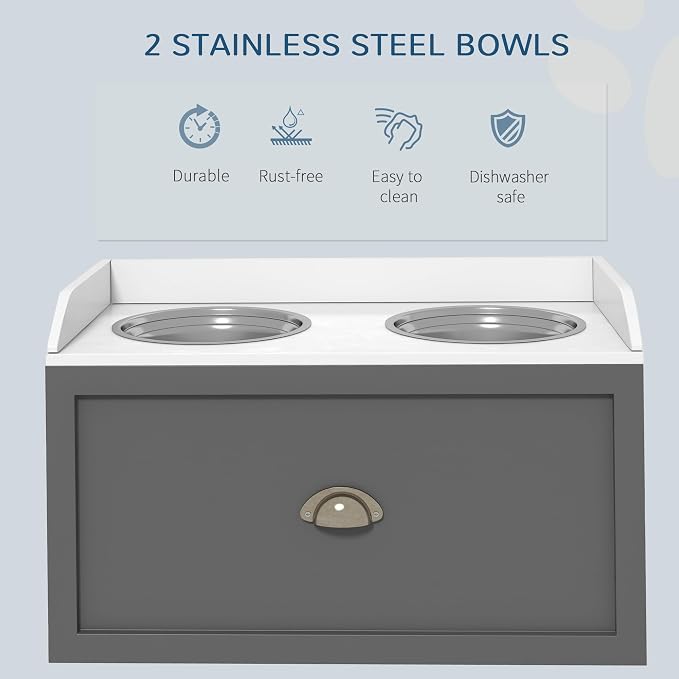 PawHut Feeding Station with Storage Drawer, Food Storage Cabinet with 2 Removable Elevated Bowls for Large Sized Dogs, Gray | 2 Removable Elevated Pet Bowls, for Large Sized Breeds