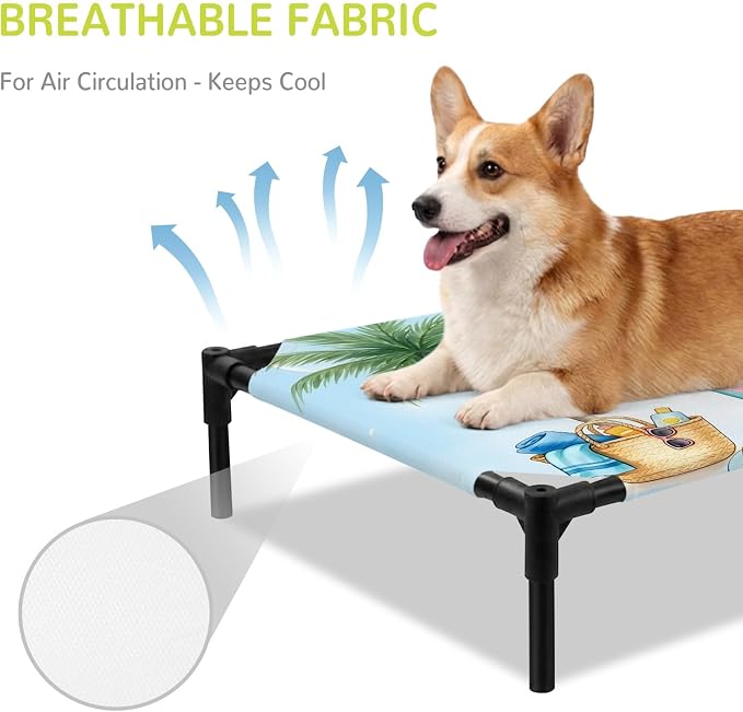 Outdoor Elevated Dog Bed for Medium Dogs, Summer Beach Surfboard Breathable Cooling Raised Dog Cot for Indoor/Outdoor, Tropical Palm Tree Swimming Ring Waterproof Elevated Pet Beds, M 24 x 20 in