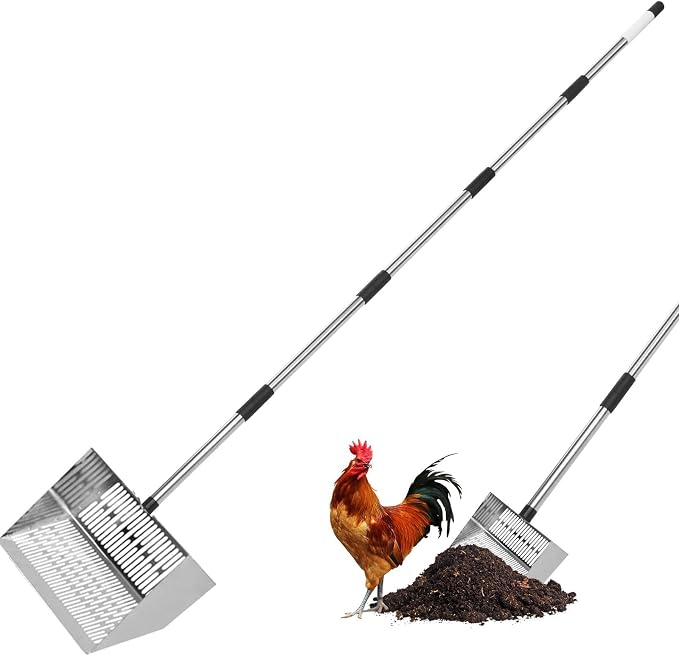 Metal Chicken Coop Scoop,With 31–75" Adjustable Stainless Steel Long Handle | 31–75" Adjustable Long Handle Pooper Scooper, Perfect for Chicken Coops, Duck Houses & Animal Farm Bedding Cleaning (Black)