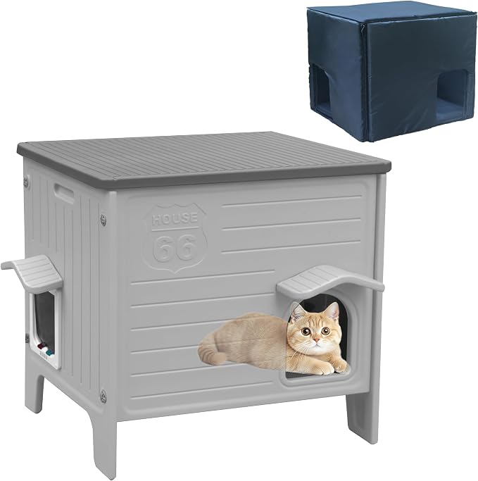 Outdoor Cat House with Insulated Liner for Winter | Waterproof Plastic Cat House for Outside, Cat Shelter for Feral Cats, Assemble Easily