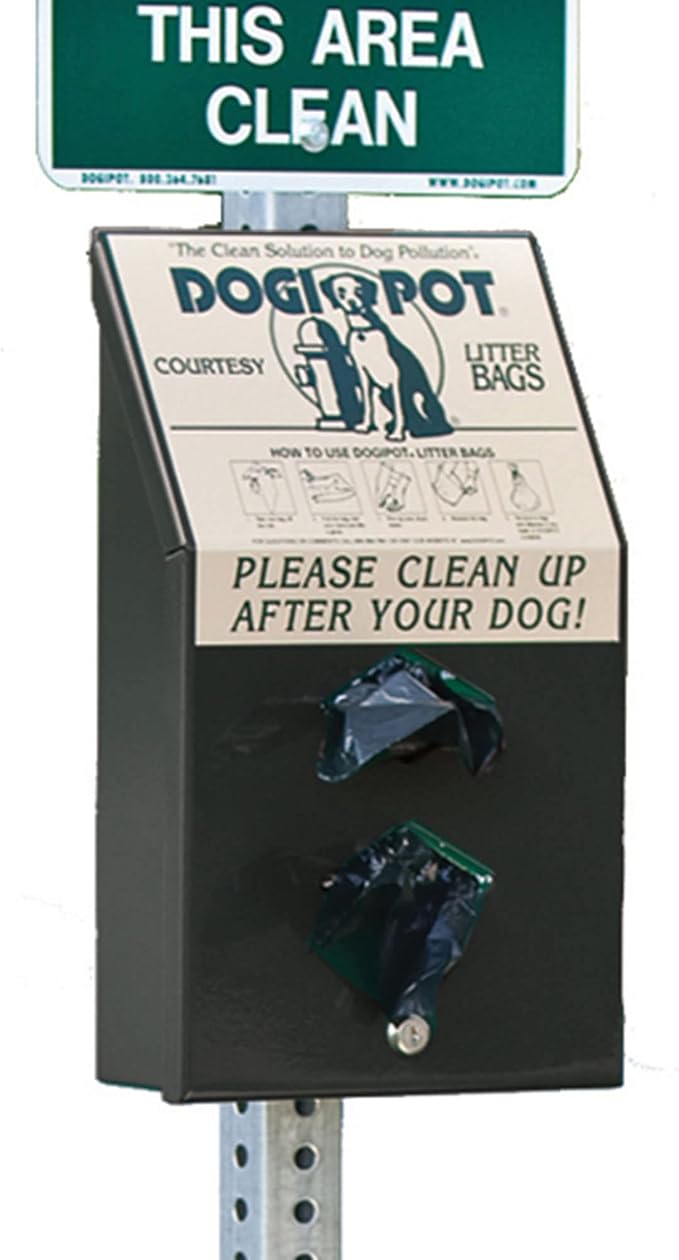 DOGIPOT 1003-L Pet Station Includes Sign, Dispenser, Steel Receptacle, Litter Bag Rolls and Liner Trash Bags, Forest Green