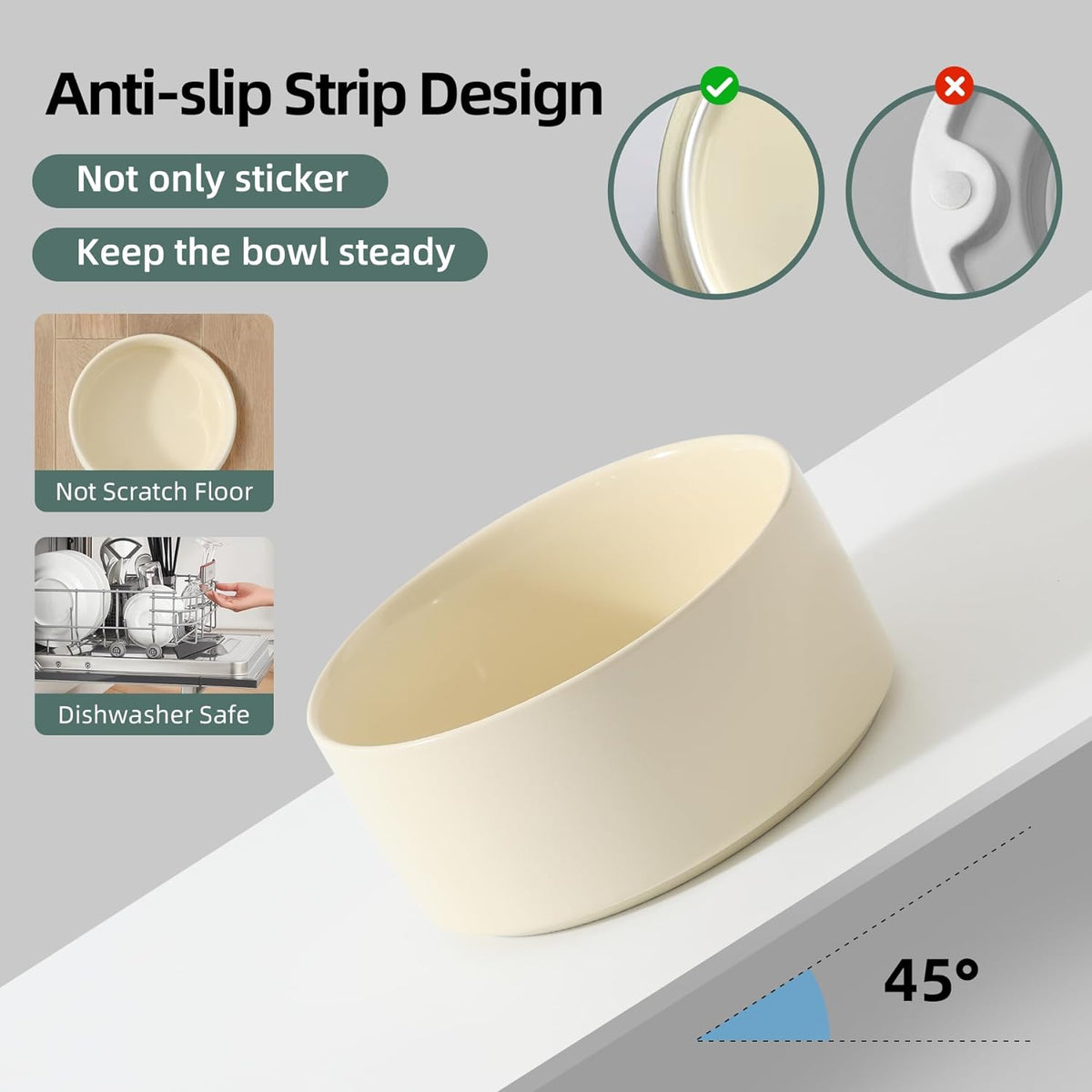 Ceramic Elevated Dog Food and Water Bowl, Kitty Bowl, Raised Dog Dish, Pet Feeder (6inch, 1 x Beige + Stand)