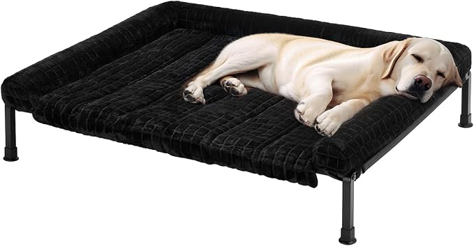 Veehoo Elevated Dog Bed with Fluffy Plush Bolster Cushion, Dog Couch Bed | Cooling Raised Dog Bed for Large Dogs, Washable Orthopedic Pet Cot with Removable Mat, Breathable Mesh, Non-Slip, 42", Black