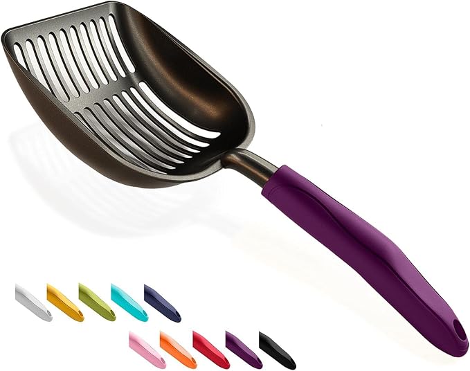 Cat Litter Scoop, Non-Stick Plated Aluminum Alloy Sifter, Kitty Durable Metal Scooper, Deep Shovel, Long Handle, Kitten Pooper Lifter, Size Large, Coated Black Body with Violet Handle