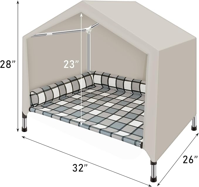 Elevated Dog Bed House with Canopy & Bolster, 2-in-1 Outdoor Raised Dog Cot | Weatherproof Cooling Indoor Pet Cot with Pillow, Portable Tent Dog Cot with Stainless Steel Frame & Sunshade Fabric