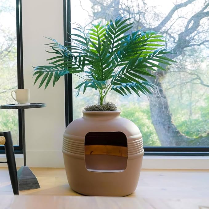 Good Pet Stuff Original Hidden Litter Box Planter, Decorative Cat Litter Enclosure with Carbon Filter, Artificial Palm Plant, Upgraded Design, Easy Clean Litter Tray, Essentials Kit, Mocha Brown