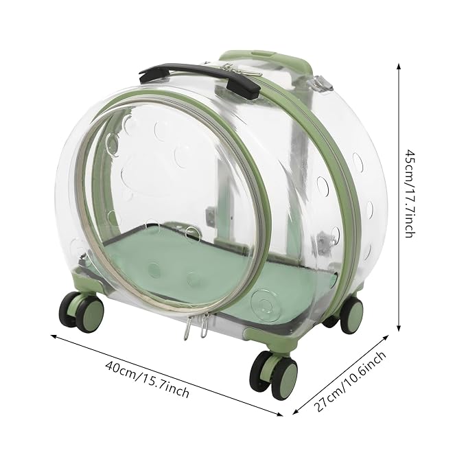 Pet Carrier with Wheels, Transparent Hard Breathable Pet Carrier with Ventilation Holes Telescopic Handle Multiple Carrying Strollers for Cats Dogs (Green)