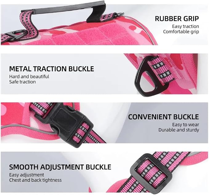 Tactical Dog Harness with Leash for Large Dogs, No Pull Adjustable Dog Harness, Reflective K9 Working Pet Vest for Walking, Training (Fuchsia Camo, S)