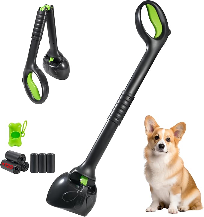 28 Inch Handle Dog Pooper Scooper Portable with Bag Attachment, One Handed Foldable Design, Includes 120 Waste Bags and Dispenser for Grass Yard Gravel Cleanup