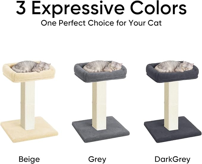 Cat Scratching Post, 32”Cat Scratcher with Large Plush Perch, Sisal & Carpet Scratching Post, Vertical Posts with Elevated Bed for Indoor Cats, Removable& Washable Cover, Grey