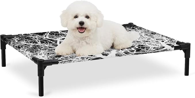 Outdoor Elevated Dog Bed for Medium Dogs, Modern Tree Branches Breathable Cooling Raised Dog Cot for Indoor/Outdoor, Contemporary Black Botanical Waterproof Elevated Pet Beds, M 24 x 20 in
