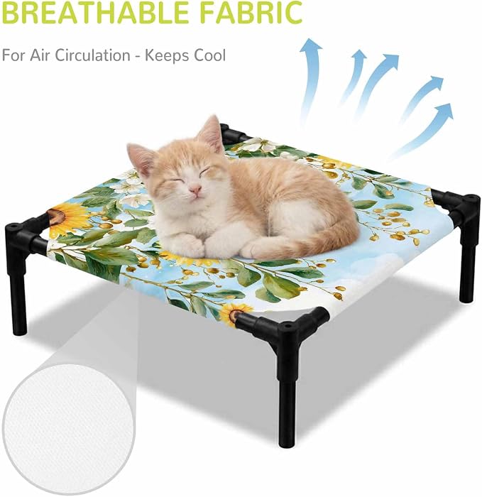 Outdoor Elevated Dog Bed for Small Dogs, Coastal Sunflower Vine Breathable Cooling Raised Dog Cot for Indoor/Outdoor, Summer Flower Blue Sky Garden Waterproof Elevated Pet Beds, S 20 x 20 in