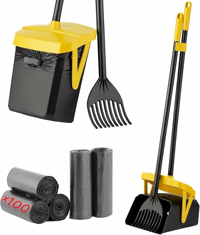 FUSBUNTY Pooper Scooper Swivel Bin & Rake with 100 Waste Bags, Dog Pooper Scooper with Bag Attachment for Large Medium Small Dogs, Poop Scooper with Lid for Lawn Yard Dog Kennel - Yellow
