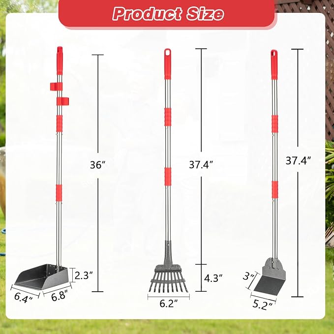 FUSBUNTY Pooper Scooper, Long Handle Dog Pooper Scooper, Heavy Duty Stainless Steel Rake with Tray & Spade Set for Pet Waste Removal, for Grass, Dirt or Gravel
