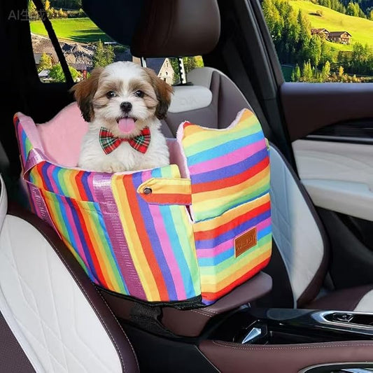 Console Dog Car Seat for Small Dogs to 15lbs (Rainbow Stripes) | Center Console Puppy Booster and Portable Travel Bed, Anti-Collapse Design with Washable Fluffy Cushion