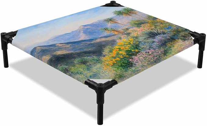 Outdoor Elevated Dog Bed for Small Dogs, Tropical Mountain Breathable Cooling Raised Dog Cot for Indoor/Outdoor, Farmhouse Nature Trees Flowers Blue Sky Waterproof Elevated Pet Beds, S 20 x 20 in