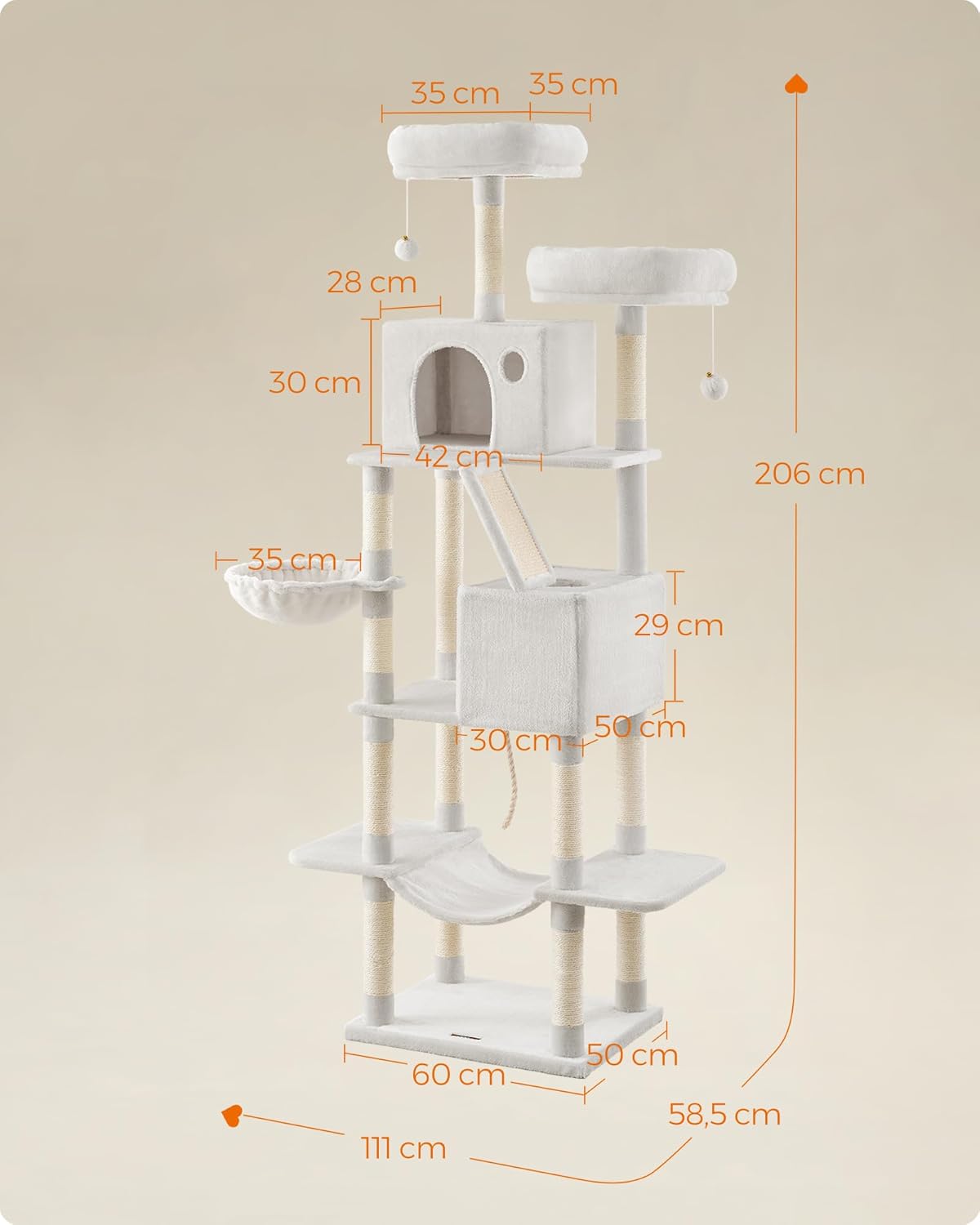Feandrea Cat Tree, 81.1-Inch Large Cat Tower with 13 Scratching Posts, 2 Perches, 2 Caves, Basket, Hammock, Pompoms, Multi-Level Plush Cat Condo for Indoor Cats, Cream White UPCT190T01