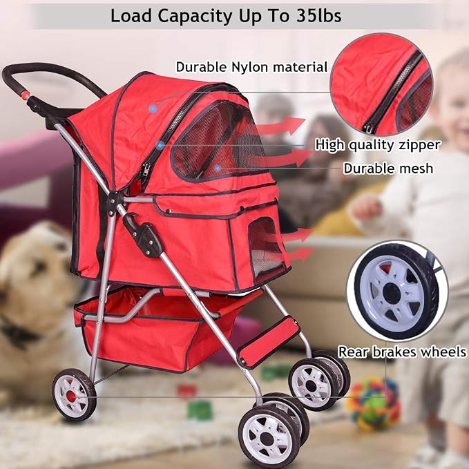 4 Wheels Pet Stroller Cat Dog Cage Stroller Travel Folding Carrier with Cup Holders and Removable Liner for Small-Medium Dog, Cat (Red)