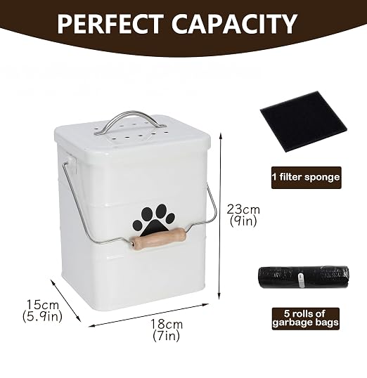 Small Dog Poop Trash Can Outside,1.5Gal/6L Metal Dog Waste Trash Can with Lid/Filter/Handle,Pet Waste Container Bucket with 75 Trash Bags-White