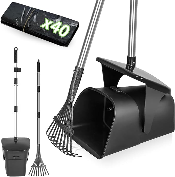 2pcs Heavy Duty Dog Pooper Scooper with 40 Bags, Long Handle Swivel Bin & Rake Spade for Large Medium Dogs, Pet Waste Removal for Yard Grass Gravel, Easy to Clean