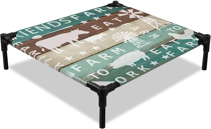 Outdoor Elevated Dog Bed for Small Dogs, Farmhouse Barn Breathable Cooling Raised Dog Cot for Indoor/Outdoor, Cow Pig Chicken Windmill Wooden Plank Waterproof Elevated Pet Beds, S 20 x 20 in