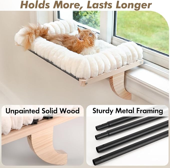Cloud-Soft Cat Window Sill Perch with Zipper Designed Cushioned Bed, Supportive Cat Window Seat with Premium Solid Wood & Sturdy Metal Frame, Pet Hammock Bed for Large Cats (X-Large, White)