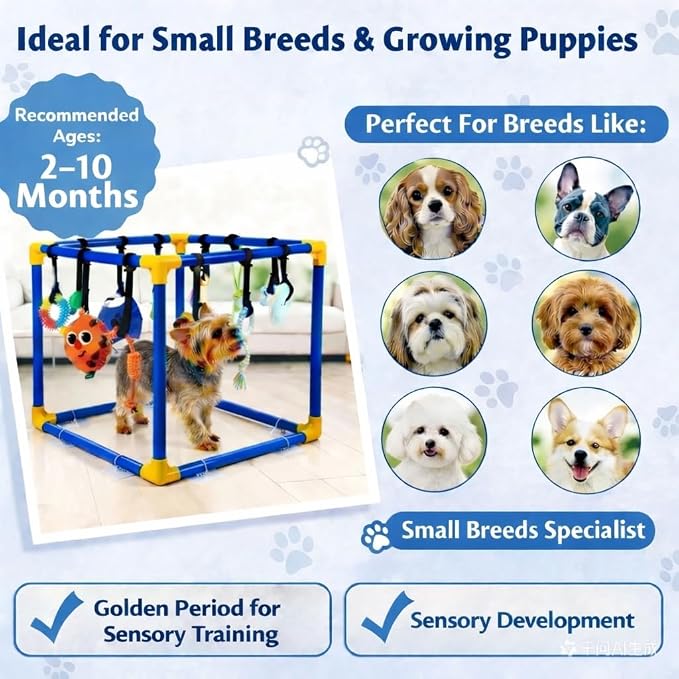 Puppy Play Gym with 16 Toys, Removable Dog Enrichment Playground, Interactive Indoor Training Activity Center for Small Dogs & Puppies, Teething & with Squeaky Toys, 12 Hanging Toys+4 Floor Toys
