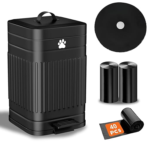 Dog Poop Trash Can Outside - 5L/1.3Gal Small Trash Can with Lid, Black | Outdoor Dog Poop Trash Can with 40 Bags, Pedal, Removable Inner Bin, Metal Dog Waste Trash Can with Soft Close, Odor Control