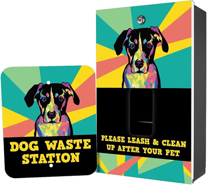 Dispense-Art Collection Pop Art Dog - Custom UV Printed Design on Rust-Proof Aluminum Dog Waste Station with 10-Gallon Lidded Can, 400 Dog Waste Bags & 25 Can Liners