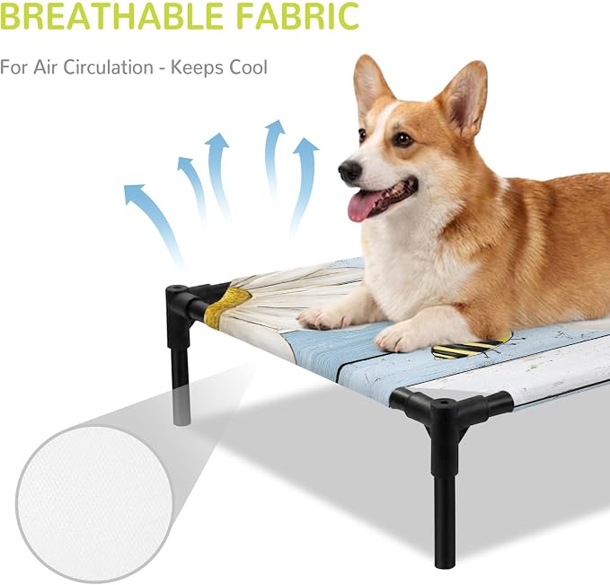 Outdoor Elevated Dog Bed for Large Dogs, White Daisy Rustic Breathable Cooling Raised Dog Cot for Indoor/Outdoor, Pastoral Flowers Honeybees Blue Wood Waterproof Elevated Pet Beds, L 28 x 22 in