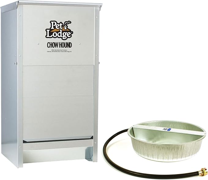 Little Giant Dry Food Automatic Steel Dog Feeder Chow Hound 25 Pound Capacity & 13-Quart Galvanized Steel Ever Full Pet Water Bowl Dish