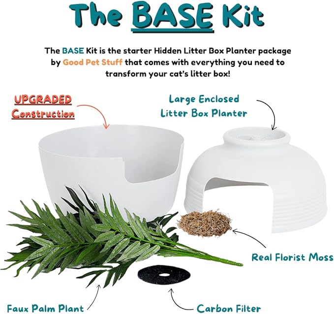 Good Pet Stuff Original Hidden Litter Box Planter, Decorative Cat Litter Enclosure with Carbon Filter, Artificial Palm Plant, Upgraded Design, Easy to Clean, Base Kit, White Birch