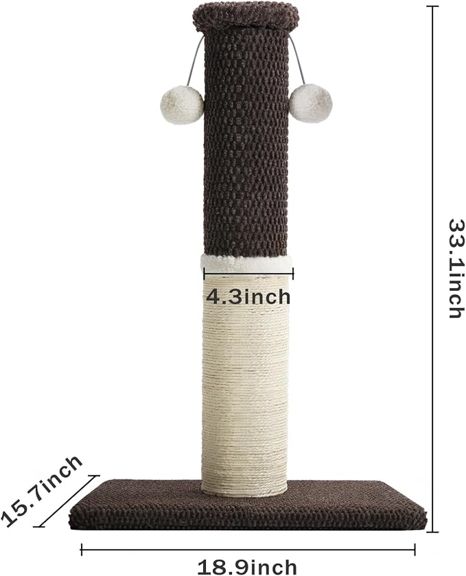 Made4Pets Tall Cat Scratching Post with Sisal & Carpet for Indoor Cats, 33" | Cat Scratcher with Wide Stable Base, Interactive Hanging Toys, Ideal for Adult Cats, Large Breeds and Full-Body Stretching