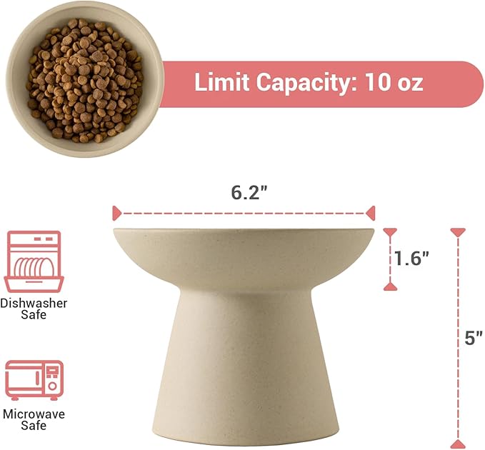 CEEFU Extra Wide Elevated Ceramic Cat Bowl - 6.2" Shallow Dish for Whisker Fatigue Relief, 5" Height for Easy Feeding, Lead & Cadmium Free, Durable Raised Cat Food Bowls, Pottery Clay (Not Glazed)